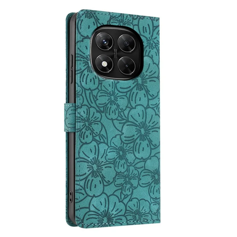 Capa de Couro com Padrão de Cerejeira para Xiaomi Redmi Note 14 Pro+ 5G / Note 14 Pro 5G, Capa de Telefone com Suporte de Carteira e Alça de Pulso - Verde