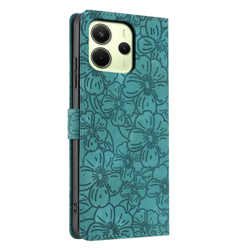 Capa Flip para Xiaomi Redmi Note 14 4G (163,25 mm) com Padrão de Flor de Cerejeira, Carteira de Couro com Suporte e Alça de Pulso - Verde