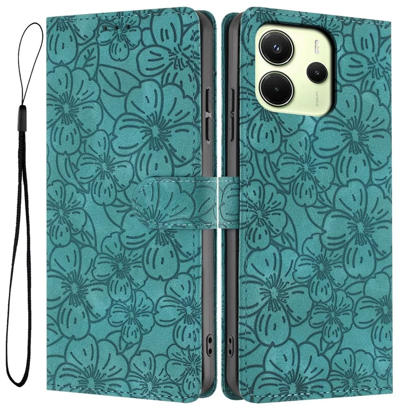 For Xiaomi Redmi Note 14 4G (164.84mm) Flip Case Cherry Blossom Pattern Leather Wallet Stand Phone Cover with Wrist Strap - Green