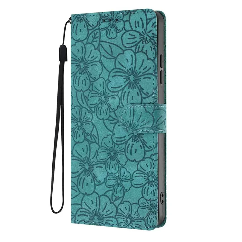 For Xiaomi Redmi Note 14 4G (164.84mm) Flip Case Cherry Blossom Pattern Leather Wallet Stand Phone Cover with Wrist Strap - Green