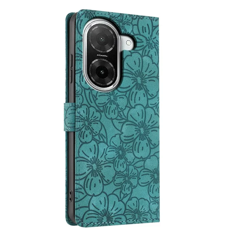 Custodia Flip per Xiaomi Redmi A5 4G (171,7 mm) / Custodia in pelle per telefono Poco C71 4G con motivo a fiori di ciliegio, portafoglio, supporto e cinturino da polso - Verde