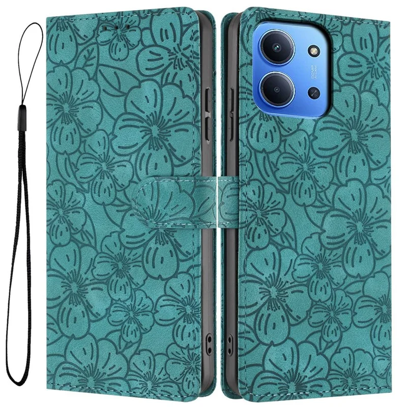 Flip Case For Xiaomi Redmi 15C 4G (EU) (173mm)  /  15C 5G (EU) (173mm) Leather Phone Cover Cherry Blossom Pattern Wallet Stand with Wrist Strap - Green