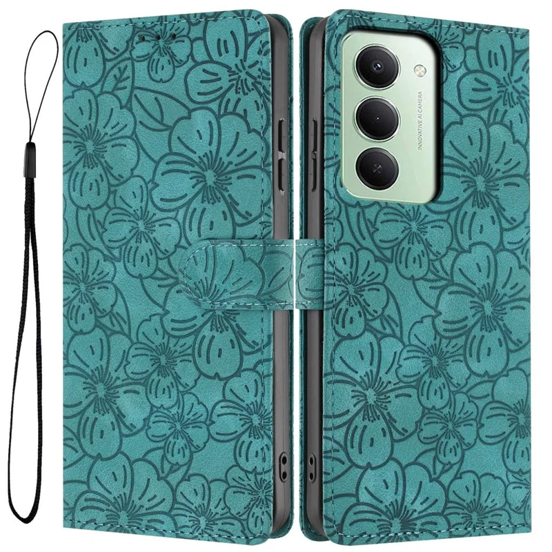 غطاء قلّاب لهاتف شاومي ريدمي 15 4G (الاتحاد الأوروبي) (171 مم) / 15 5G (الاتحاد الأوروبي) (171 مم)، غطاء جلد للهاتف بنمط زهرة الكرز مع محفظة وحامل وحزام معصم - أخضر