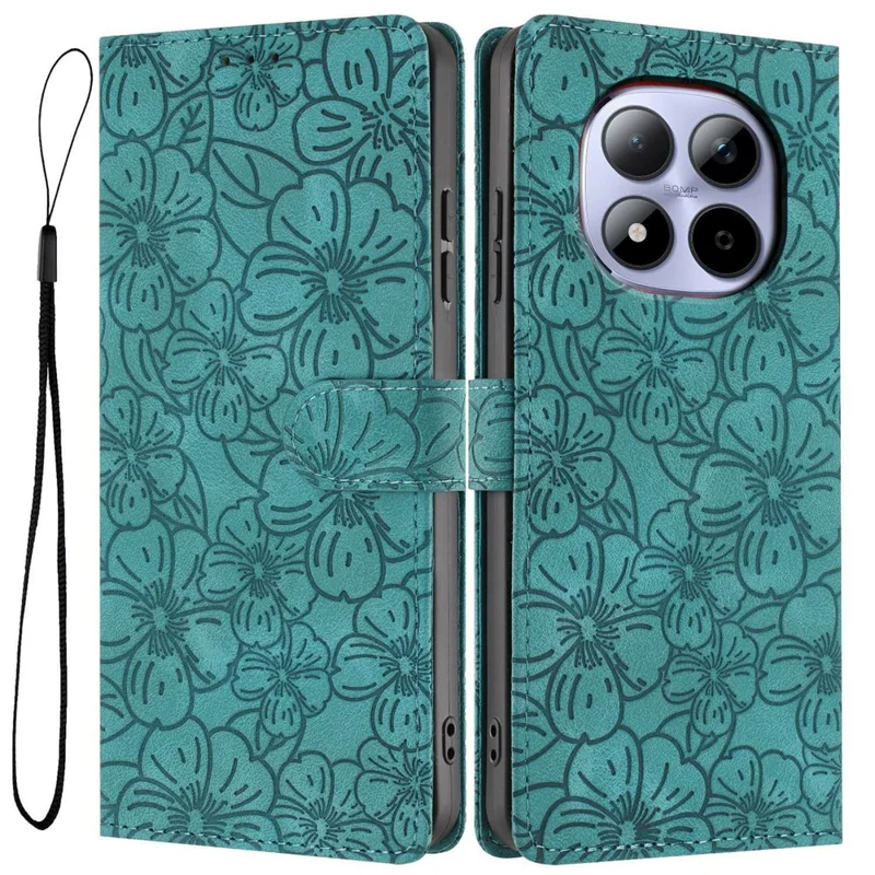 For Xiaomi Redmi Note 15 Pro 5G Flip Case Cherry Blossom Pattern Leather Wallet Stand Phone Cover with Wrist Strap - Green