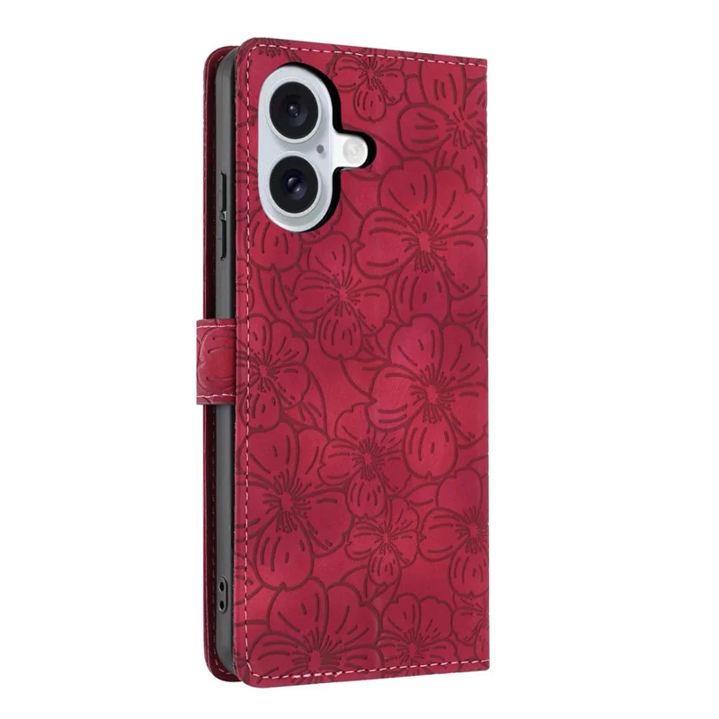 For iPhone 17 Flip Case Cherry Blossom Pattern Leather Wallet Stand Phone Cover with Wrist Strap - Wine Red