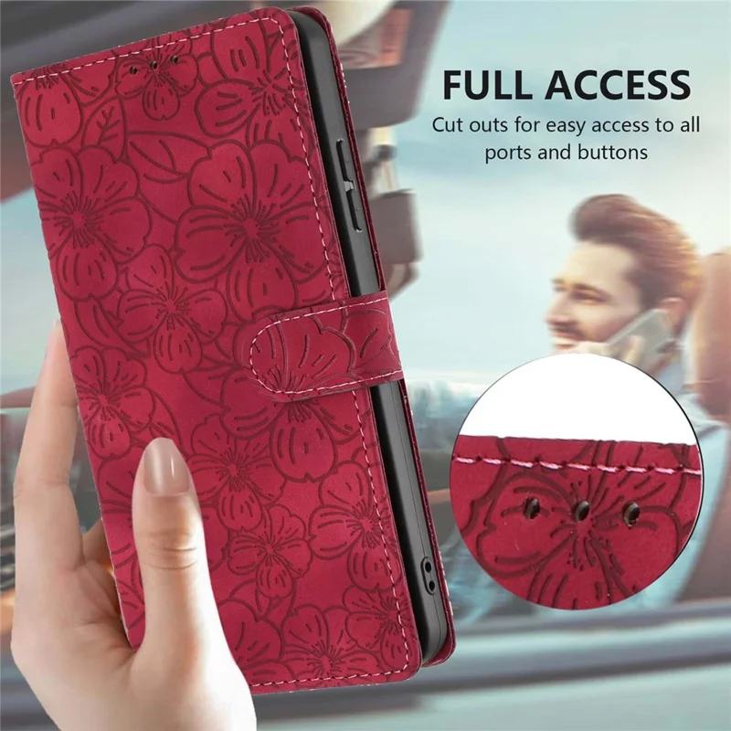 For iPhone 17 Flip Case Cherry Blossom Pattern Leather Wallet Stand Phone Cover with Wrist Strap - Wine Red