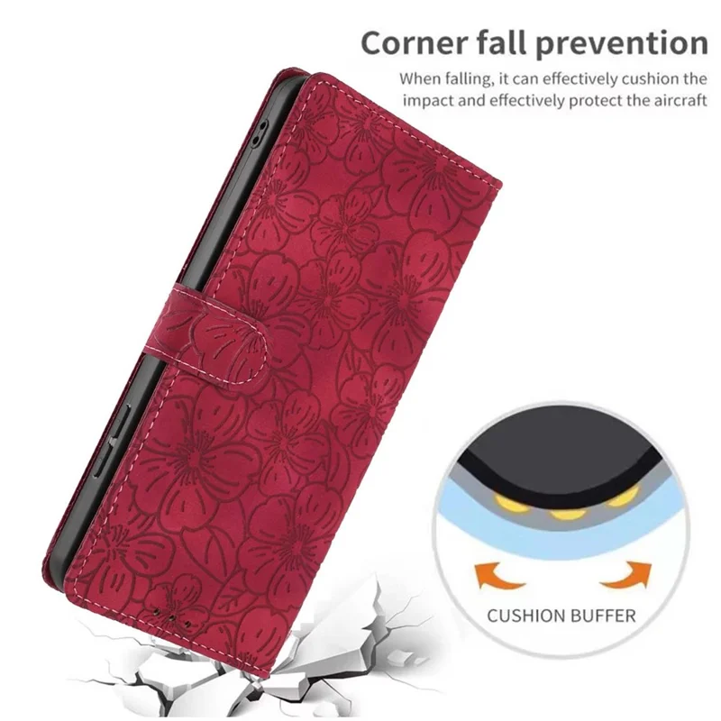 For iPhone 17 Flip Case Cherry Blossom Pattern Leather Wallet Stand Phone Cover with Wrist Strap - Wine Red