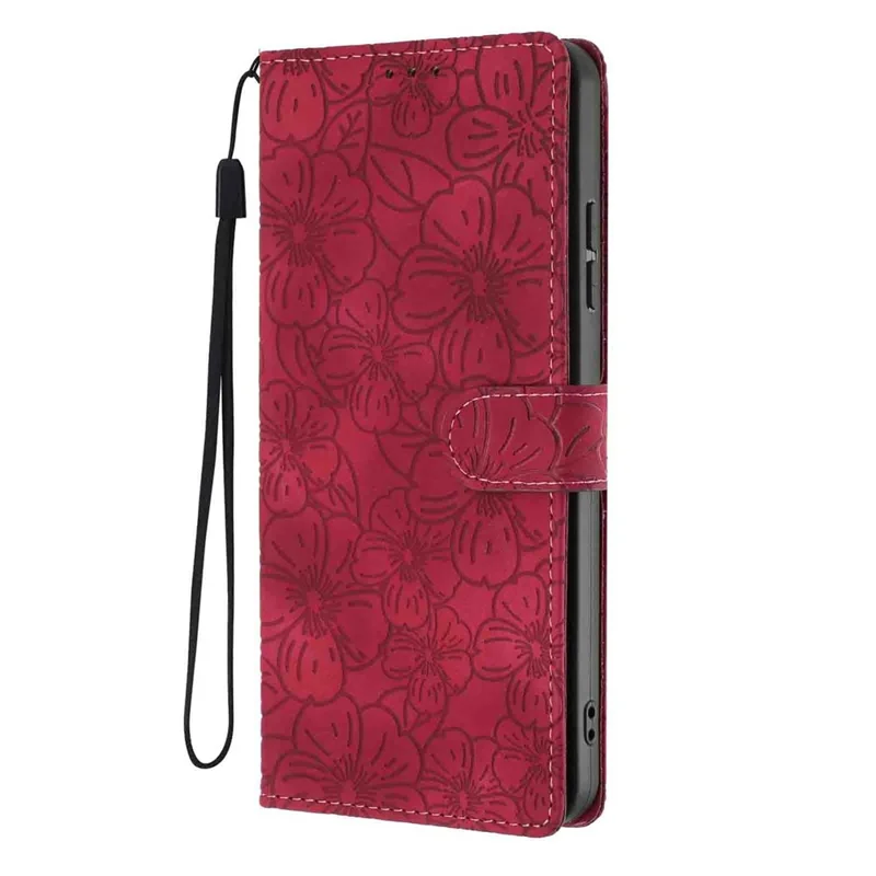 For iPhone 17 Flip Case Cherry Blossom Pattern Leather Wallet Stand Phone Cover with Wrist Strap - Wine Red
