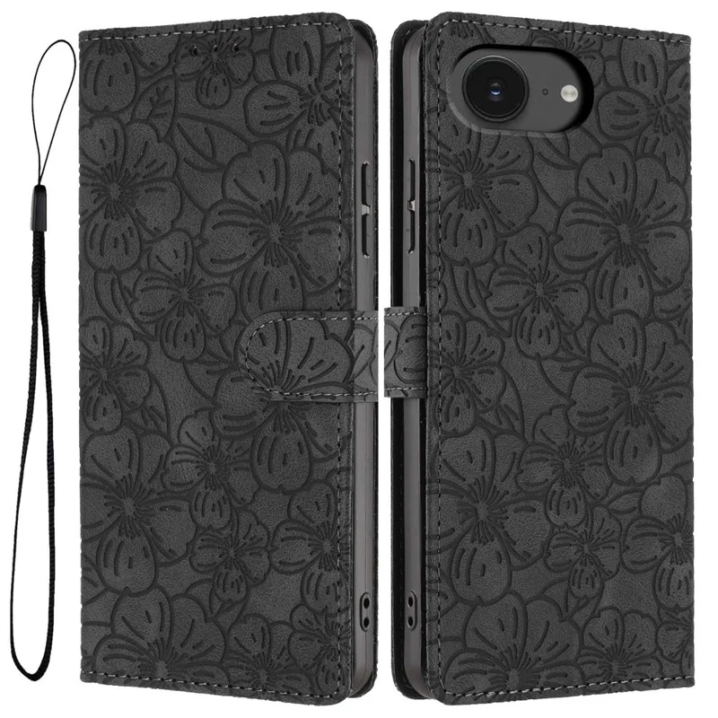 For iPhone 16e Flip Case Cherry Blossom Pattern Leather Wallet Stand Phone Cover with Wrist Strap - Black