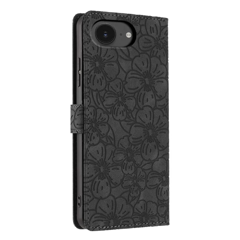 For iPhone 16e Flip Case Cherry Blossom Pattern Leather Wallet Stand Phone Cover with Wrist Strap - Black