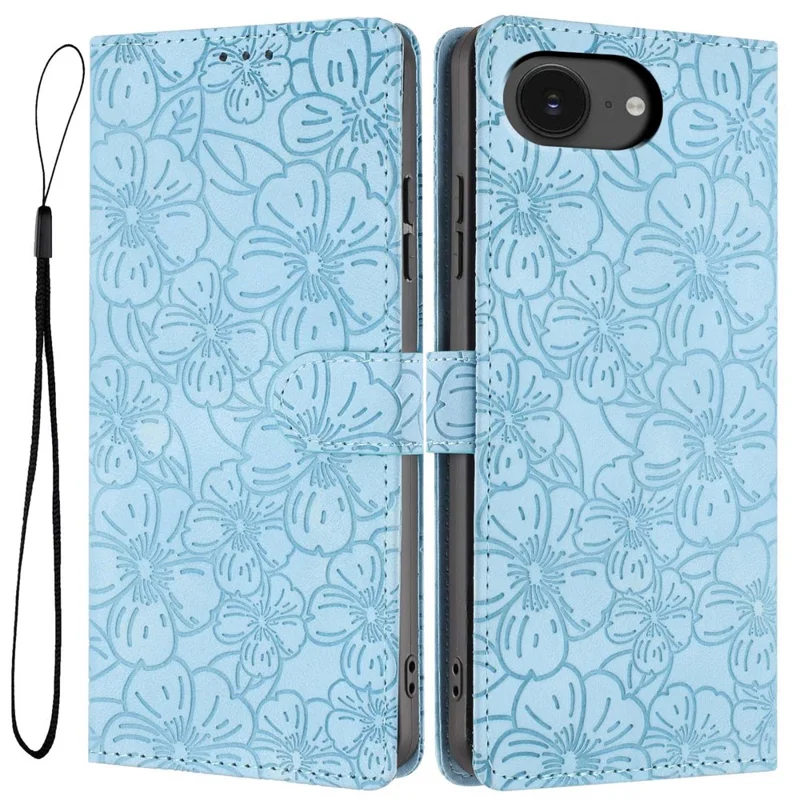 For iPhone 17e / 16e Flip Case Cherry Blossom Pattern Leather Wallet Stand Phone Cover with Wrist Strap - Sky Blue