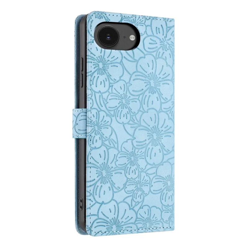 For iPhone 17e / 16e Flip Case Cherry Blossom Pattern Leather Wallet Stand Phone Cover with Wrist Strap - Sky Blue