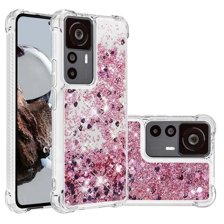 Для Xiaomi 12T 5G / 12T Pro 5G / Redmi K50 Ultra 5G TPU Чехол для телефона YB Quicksand Series-1 Жидкий Парящий Блестящий Блестящий Защитный Чехол для Телефона - Розовое Золото / Сердца