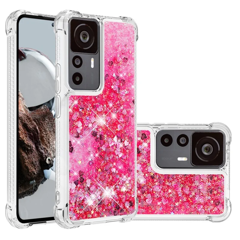 Для Xiaomi 12t 5g / 12t Pro 5g / Redmi K50 Ultra 5G TPU Chase Case YB Quicksand Series-1 Liquid Ploating Glitter Seedingers Защитная Телефонная Крышка Телефона - Розовый / Сердца