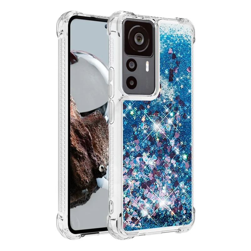 Para Xiaomi 12t 5g / 12T Pro 5G / Redmi K50 Ultra 5G TPU TPU Telephip YB Quicksand Series-1 Liquid Floating Glitter Sequins Cubierta de Teléfono Protector - Azul / Corazones
