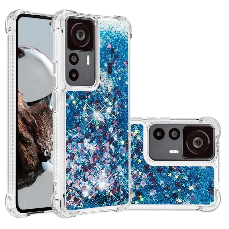 Para Xiaomi 12t 5g / 12T Pro 5G / Redmi K50 Ultra 5G TPU TPU Telephip YB Quicksand Series-1 Liquid Floating Glitter Sequins Cubierta de Teléfono Protector - Azul / Corazones