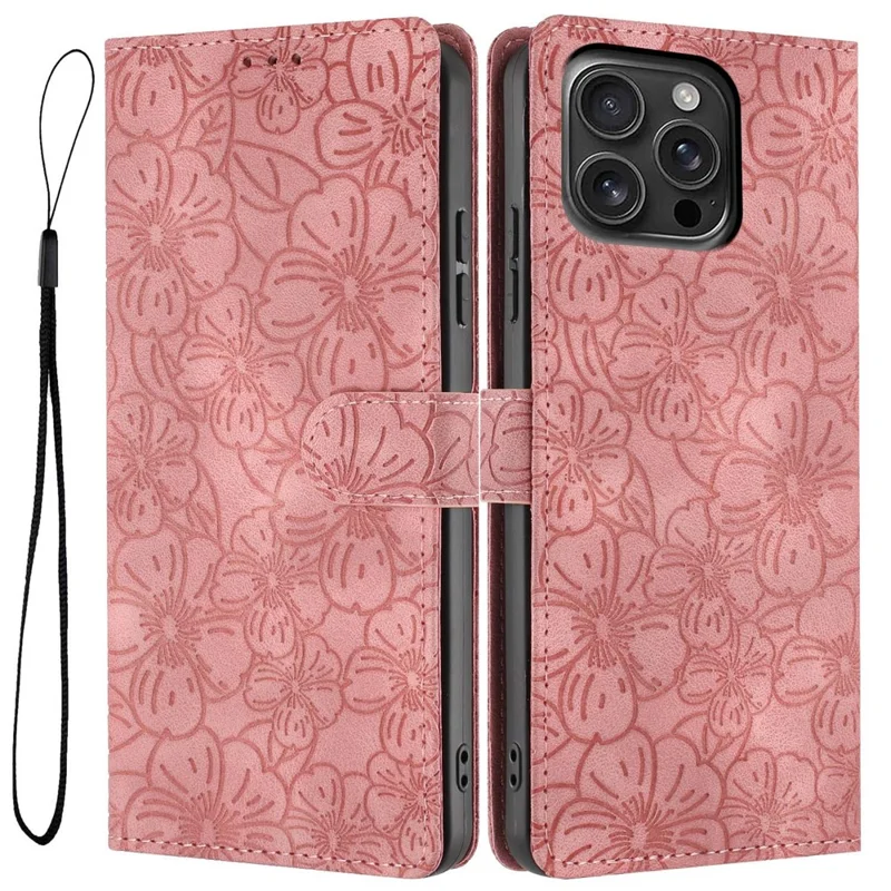 Capa Flip de Couro com Padrão de Flor de Cerejeira para iPhone 16 Pro, com Alça de Pulso - Rosa