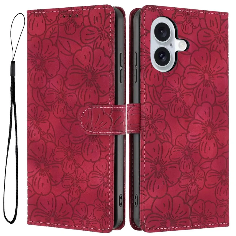 For iPhone 16 Flip Case Cherry Blossom Pattern Leather Wallet Stand Phone Cover with Wrist Strap - Wine Red