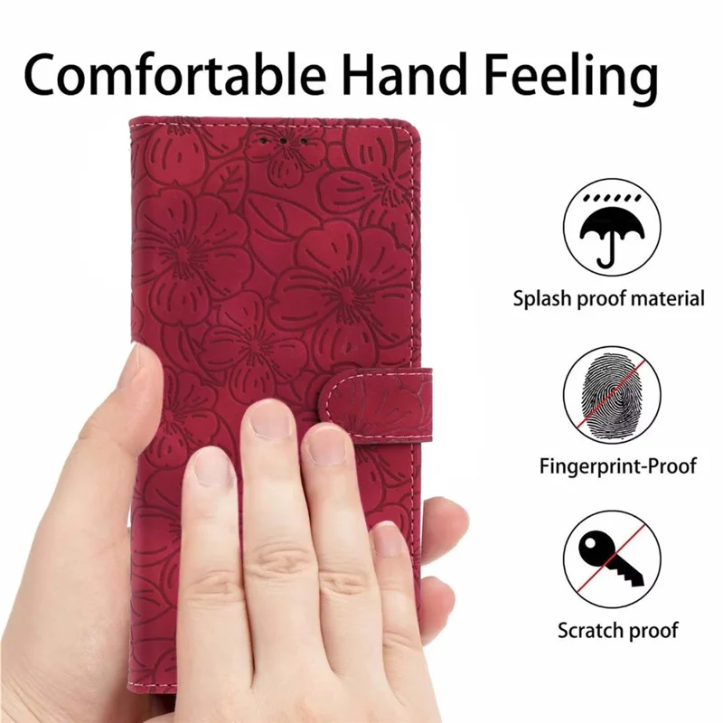 For iPhone 16 Flip Case Cherry Blossom Pattern Leather Wallet Stand Phone Cover with Wrist Strap - Wine Red