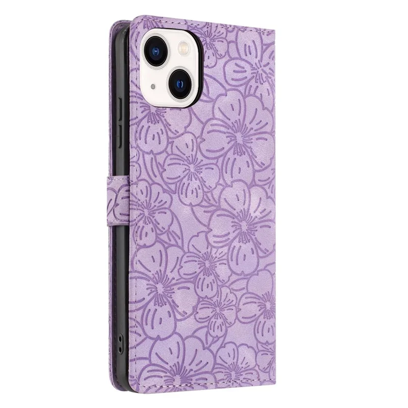 iPhone 15 Flip Case Cherry Blossom Pattern Leder Brieftasche Ständer Telefonabdeckung mit Handgelenkschlaufe - Lila