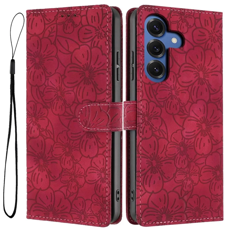 For Samsung Galaxy S26 Flip Case Cherry Blossom Pattern Leather Wallet Stand Phone Cover with Wrist Strap - Wine Red