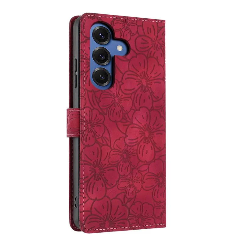 For Samsung Galaxy S26 Flip Case Cherry Blossom Pattern Leather Wallet Stand Phone Cover with Wrist Strap - Wine Red