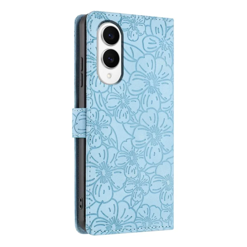 For Samsung Galaxy S25 Edge Flip Case Cherry Blossom Pattern Leather Wallet Stand Phone Cover with Wrist Strap - Sky Blue