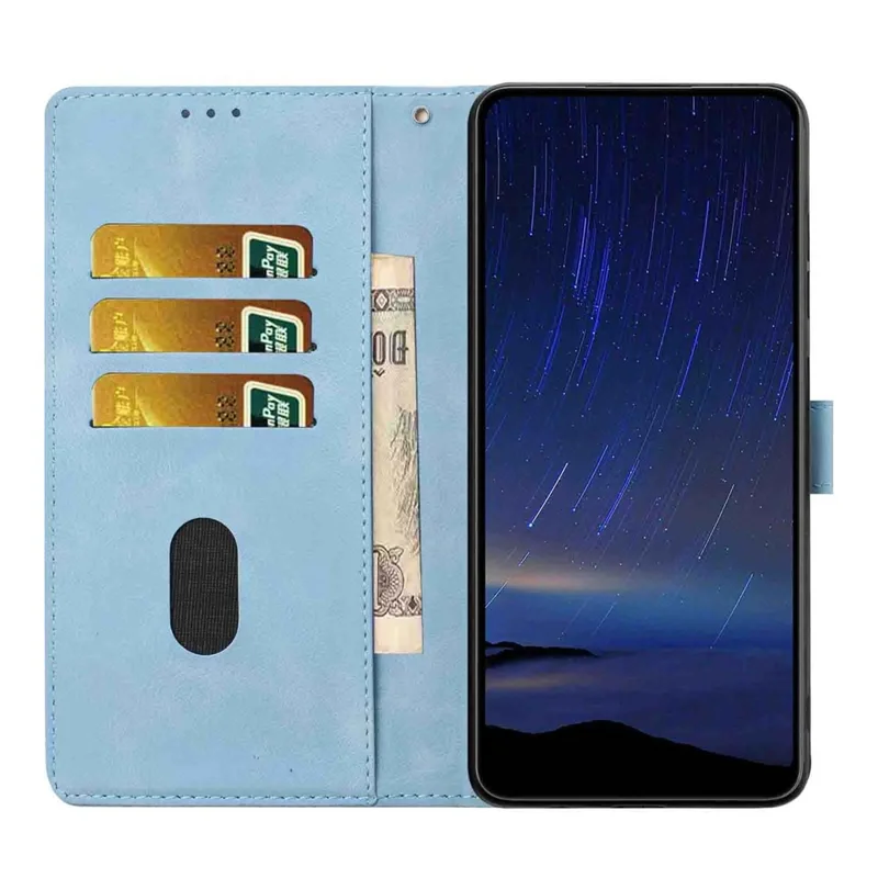 For Samsung Galaxy S25 Edge Flip Case Cherry Blossom Pattern Leather Wallet Stand Phone Cover with Wrist Strap - Sky Blue