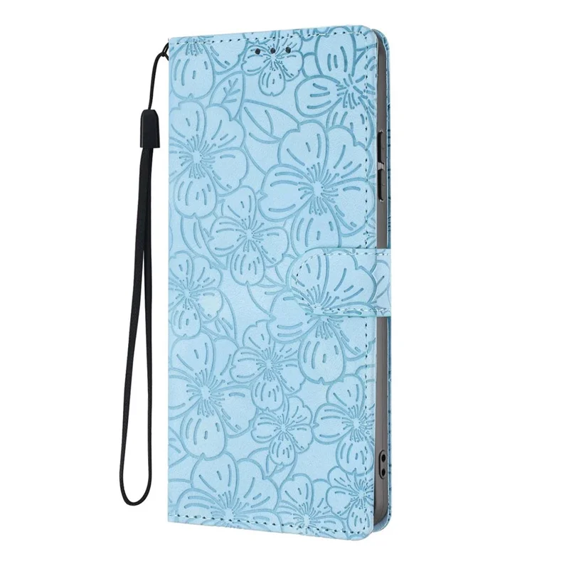 For Samsung Galaxy S25 Edge Flip Case Cherry Blossom Pattern Leather Wallet Stand Phone Cover with Wrist Strap - Sky Blue