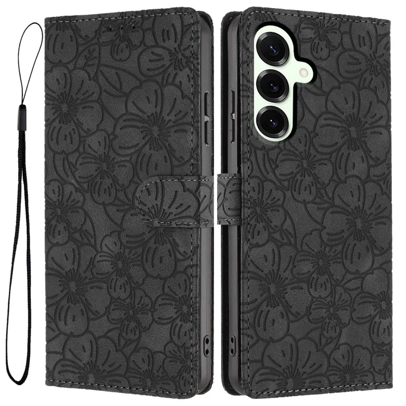 Samsung Galaxy S25+ Flip-Hülle mit Kirschblütenmuster, Leder-Geldbörse, Ständer, Handyabdeckung mit Handgelenkschlaufe - Schwarz
