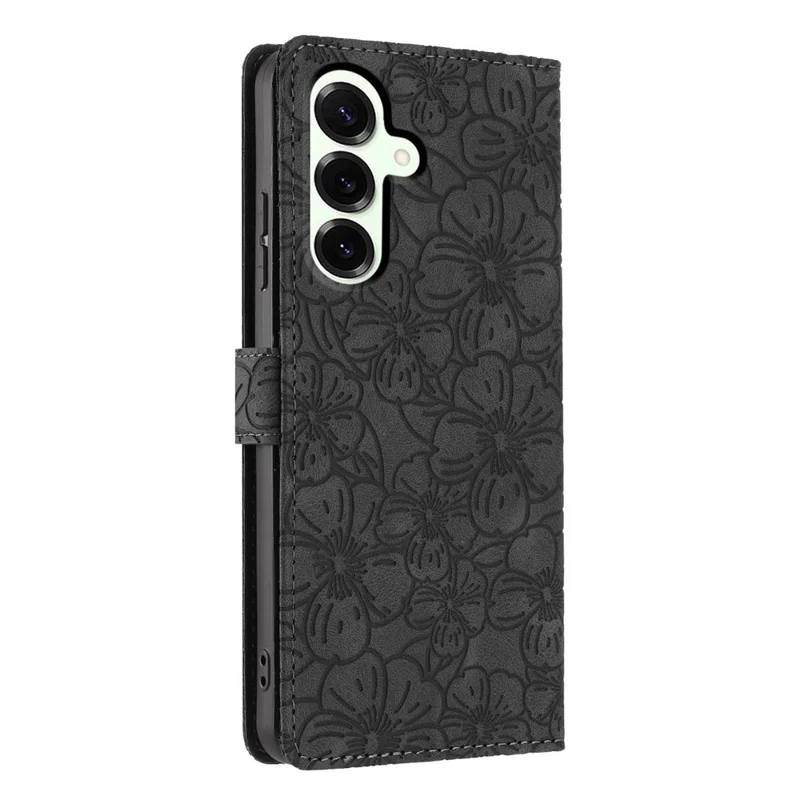 For Samsung Galaxy S25 Flip Case Cherry Blossom Pattern Leather Wallet Stand Phone Cover with Wrist Strap - Black