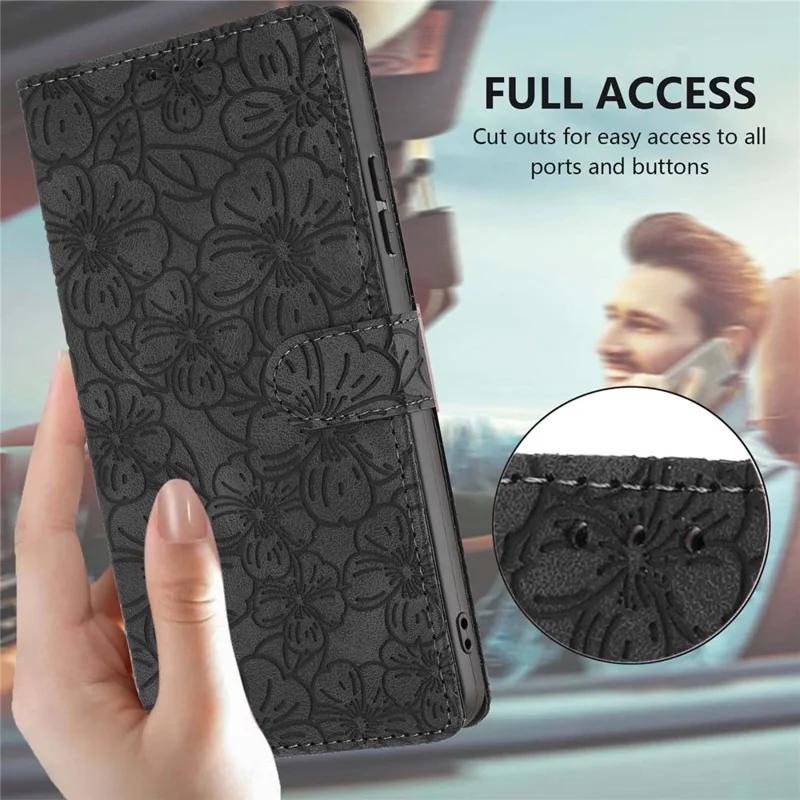 For Samsung Galaxy S25 Flip Case Cherry Blossom Pattern Leather Wallet Stand Phone Cover with Wrist Strap - Black