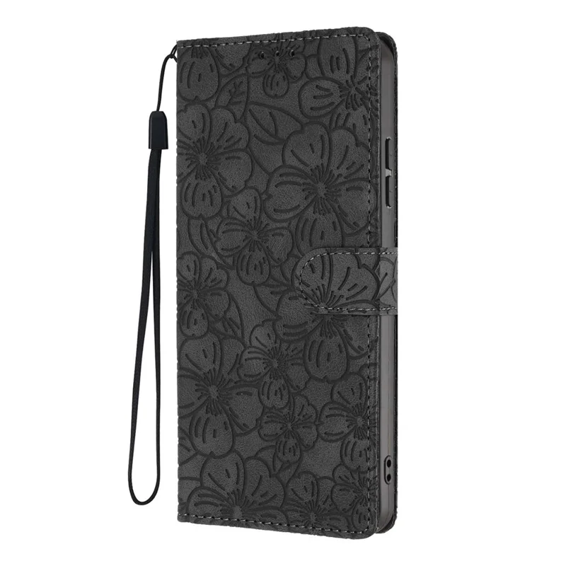 For Samsung Galaxy S25 Flip Case Cherry Blossom Pattern Leather Wallet Stand Phone Cover with Wrist Strap - Black