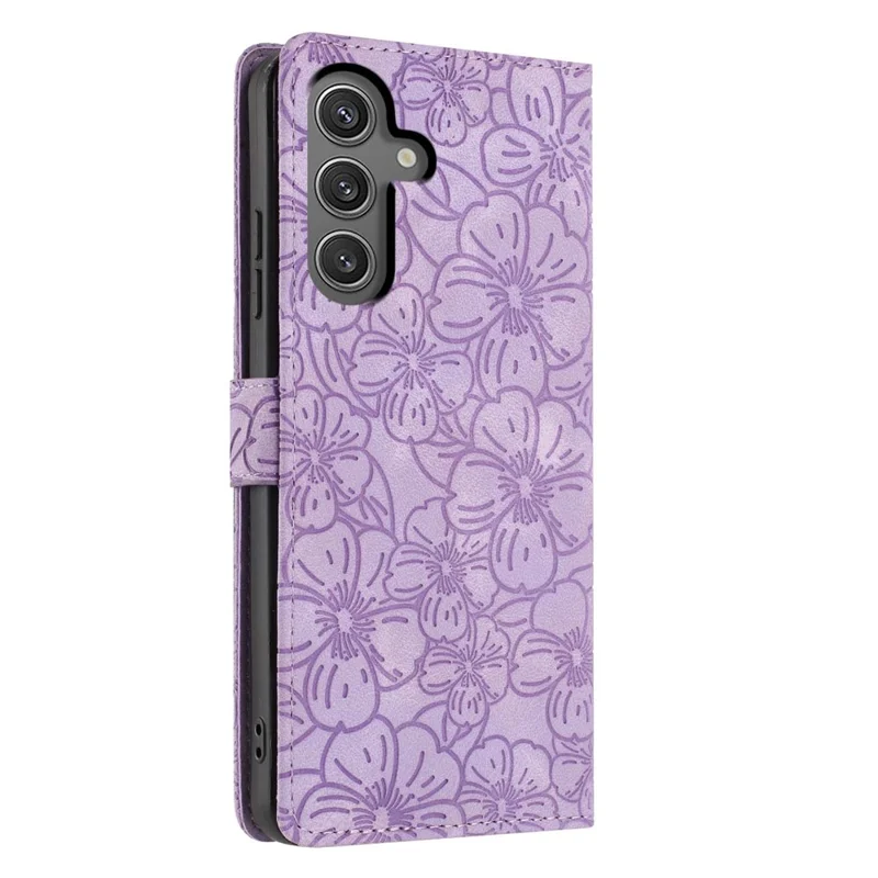 Samsung Galaxy S24 FE Flip-Hülle mit Kirschblütenmuster, Leder-Geldbörse, Ständer, Handyabdeckung mit Handschlaufe - Lila