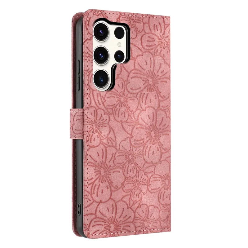 Capa Carteira de Couro com Suporte para Samsung Galaxy S24 Ultra Flip, Padrão de Flor de Cerejeira, com Alça de Pulso - Rosa