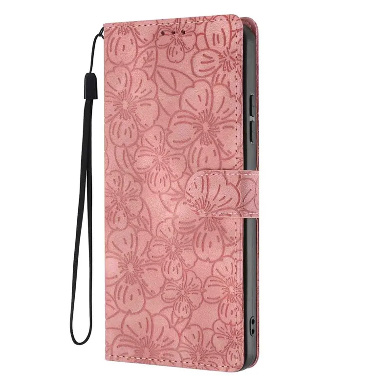 Capa Carteira de Couro com Suporte para Samsung Galaxy S24 Ultra Flip, Padrão de Flor de Cerejeira, com Alça de Pulso - Rosa