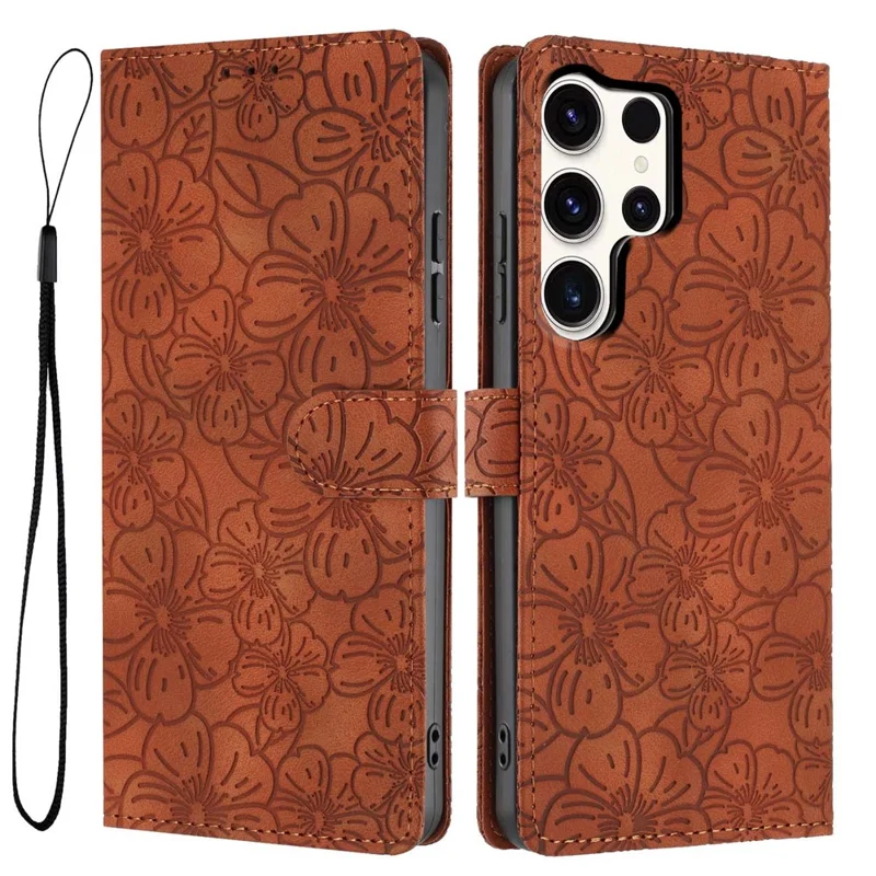 For Samsung Galaxy S24 Ultra Flip Case Cherry Blossom Pattern Leather Wallet Stand Phone Cover with Wrist Strap - Brown