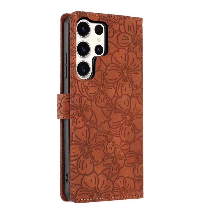 For Samsung Galaxy S24 Ultra Flip Case Cherry Blossom Pattern Leather Wallet Stand Phone Cover with Wrist Strap - Brown
