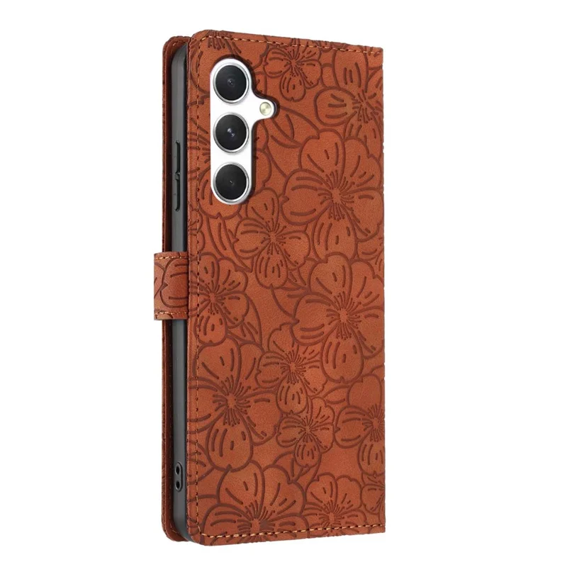 For Samsung Galaxy A36 5G Flip Case Cherry Blossom Pattern Leather Wallet Stand Phone Cover with Wrist Strap - Brown