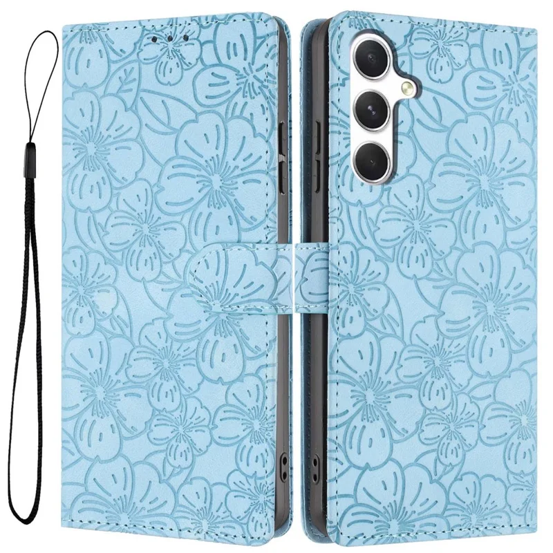 For Samsung Galaxy A16 5G  /  A16 4G Flip Case Cherry Blossom Pattern Leather Wallet Stand Phone Cover with Wrist Strap - Sky Blue