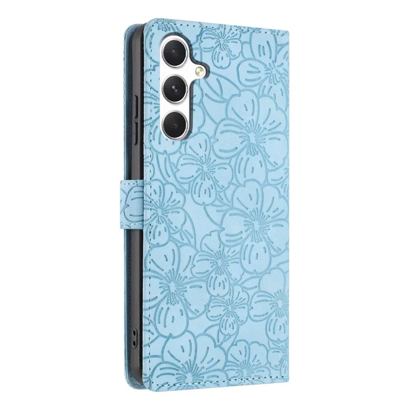 For Samsung Galaxy A16 5G  /  A16 4G Flip Case Cherry Blossom Pattern Leather Wallet Stand Phone Cover with Wrist Strap - Sky Blue