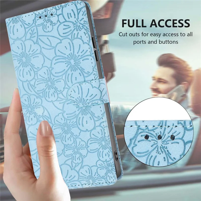 For Samsung Galaxy A16 5G  /  A16 4G Flip Case Cherry Blossom Pattern Leather Wallet Stand Phone Cover with Wrist Strap - Sky Blue
