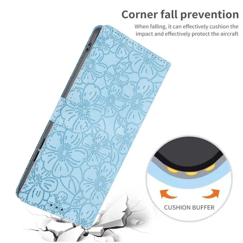 For Samsung Galaxy A16 5G  /  A16 4G Flip Case Cherry Blossom Pattern Leather Wallet Stand Phone Cover with Wrist Strap - Sky Blue