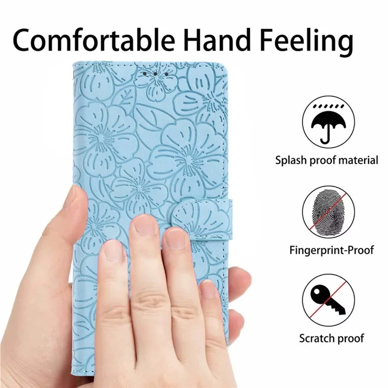 For Samsung Galaxy A16 5G  /  A16 4G Flip Case Cherry Blossom Pattern Leather Wallet Stand Phone Cover with Wrist Strap - Sky Blue