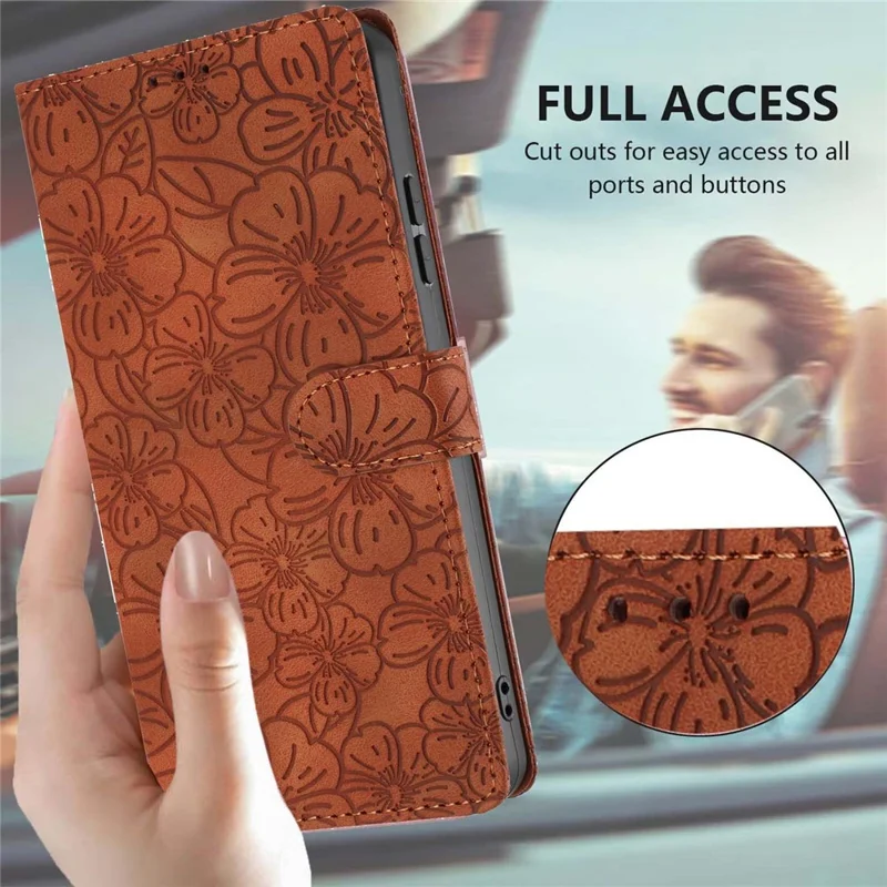 Capa Flip para Samsung Galaxy A35 5G, Padrão de Flor de Cerejeira, Carteira de Couro com Suporte e Alça de Pulso - Marrom