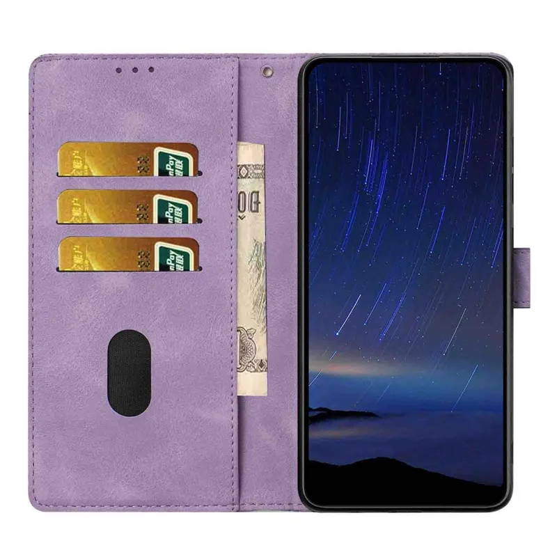 Для Samsung Galaxy A05s 4G Flip Case Cherry Blossom Pattern Leather Wallet Stand Phone Cover with Wrist Strap - Purple