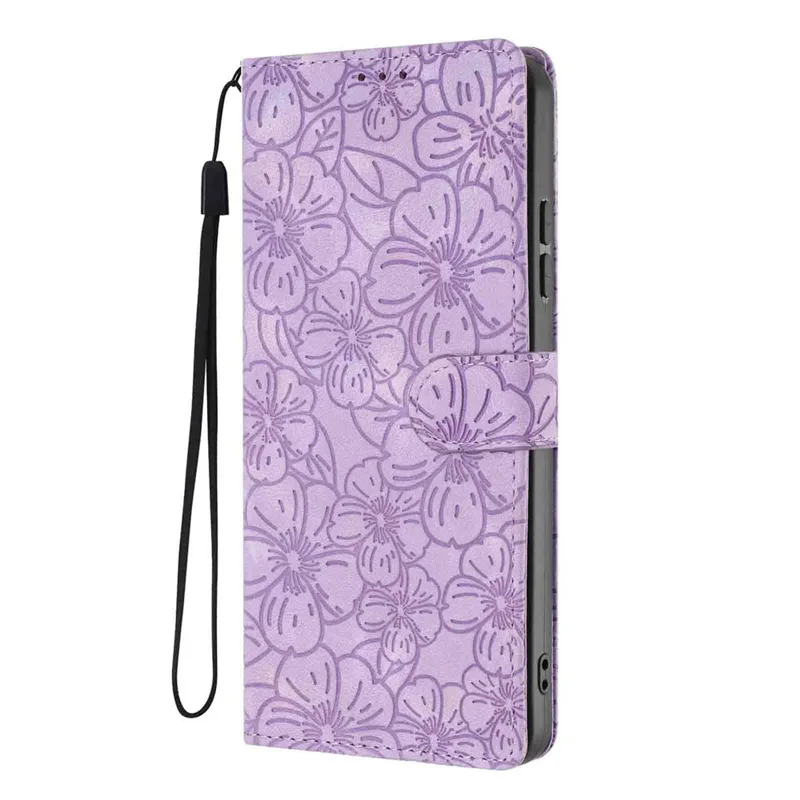 Для Samsung Galaxy A05s 4G Flip Case Cherry Blossom Pattern Leather Wallet Stand Phone Cover with Wrist Strap - Purple