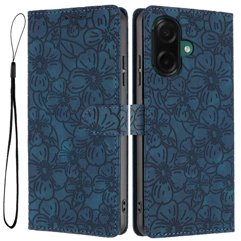 For Samsung Galaxy A05 4G Flip Case Cherry Blossom Pattern Leather Wallet Stand Phone Cover with Wrist Strap - Blue