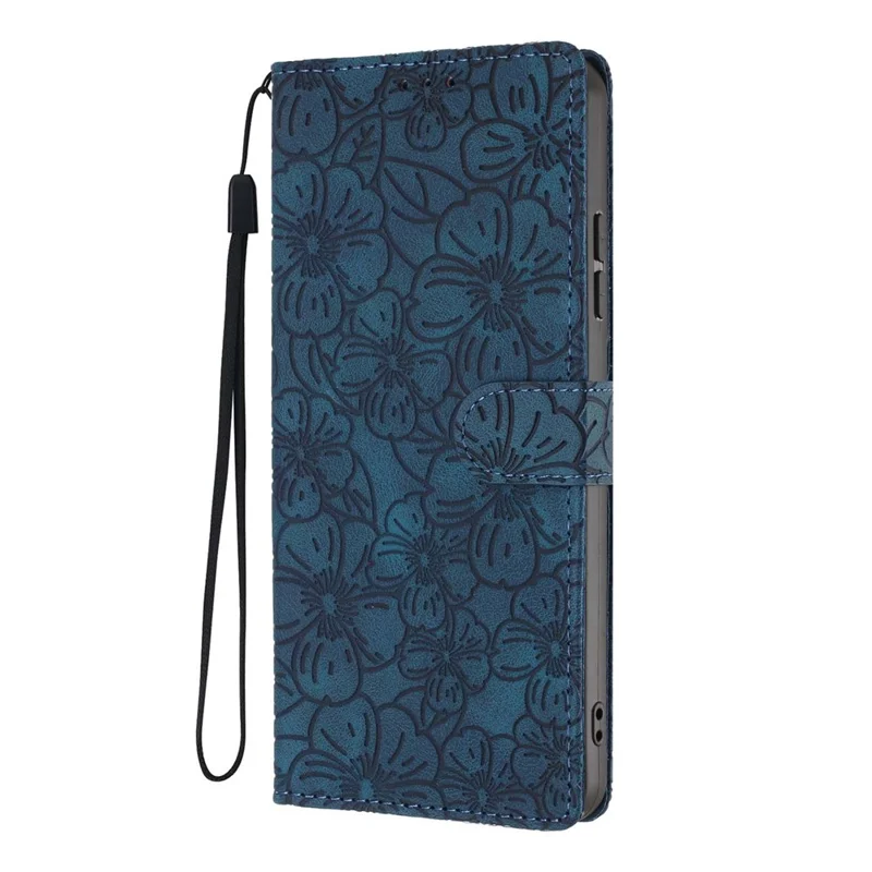For Samsung Galaxy A05 4G Flip Case Cherry Blossom Pattern Leather Wallet Stand Phone Cover with Wrist Strap - Blue