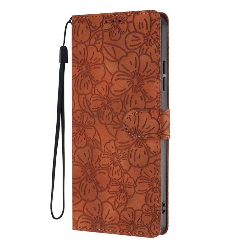 For Samsung Galaxy A54 5G Flip Case Cherry Blossom Pattern Leather Wallet Stand Phone Cover with Wrist Strap - Brown